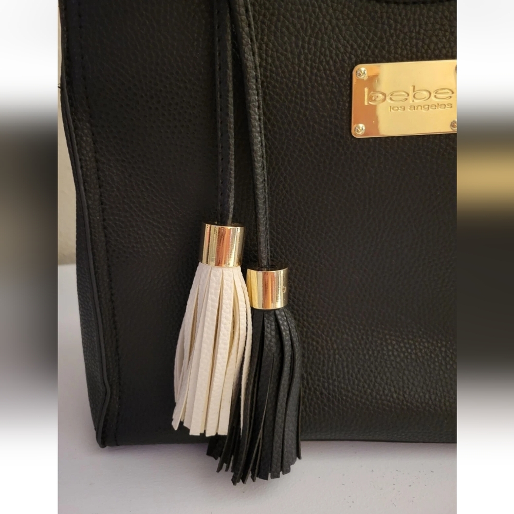 NEW BEBE LOS ANGELES BLACK WHITE TASSEL BRAIDED LEATHER BOHO HANDBAG PURSE LARG - Picture 11 of 12